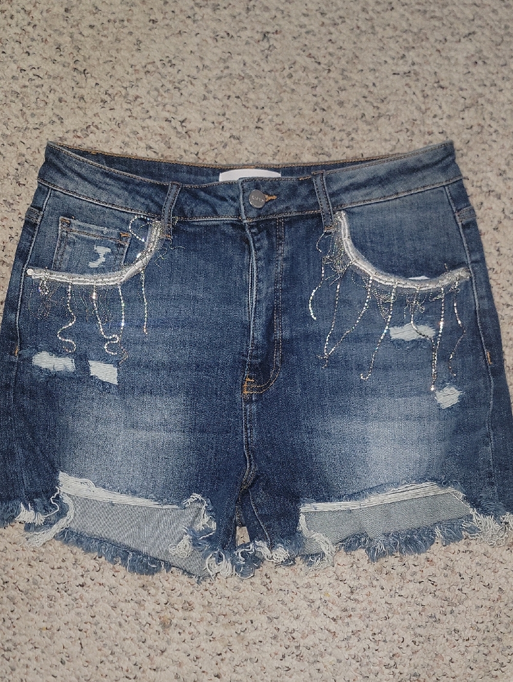 Denim Distressed Women’s Shorts with Beaded Pocket Detail - Blue